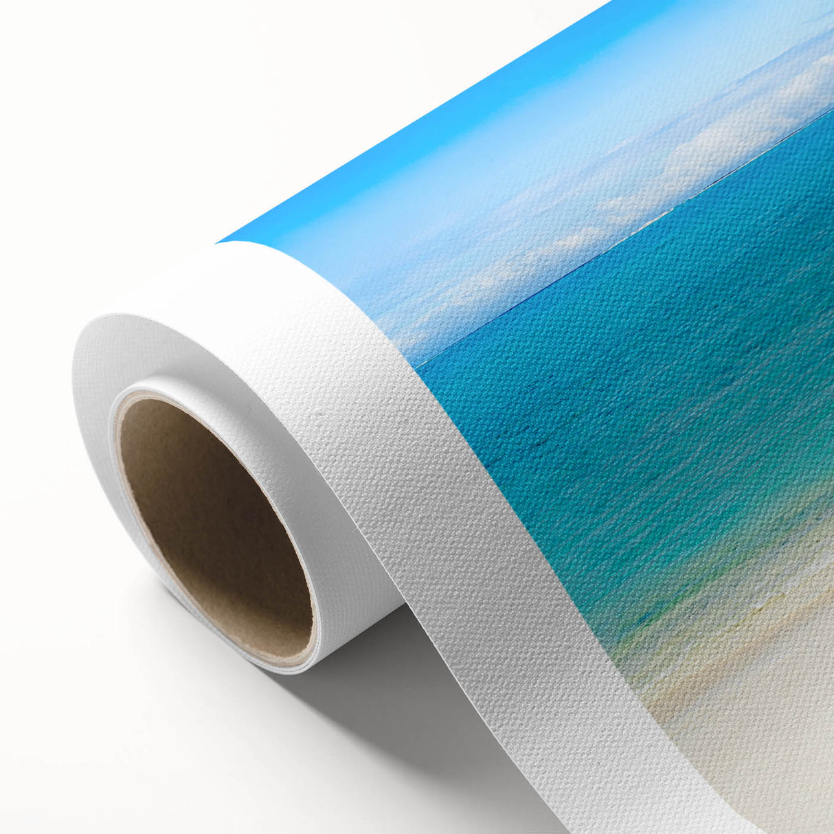 Art deco poster of Cancun scenery on rolled canvas, featuring vibrant blue and green tones, ideal for dining room wall art.
