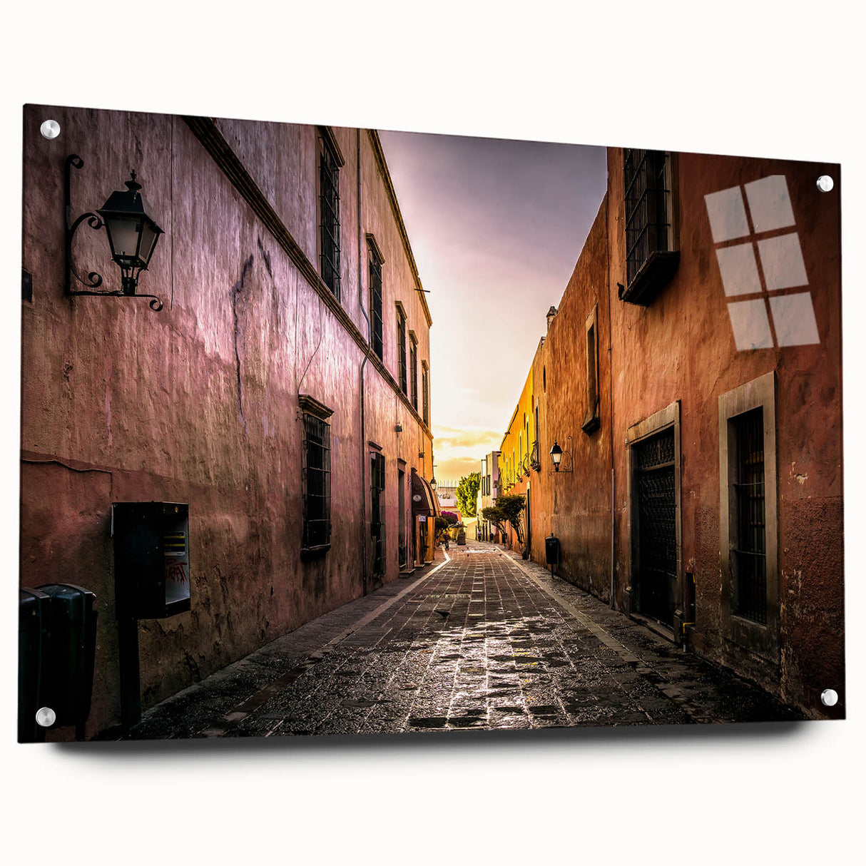Acrylic print of a large abstract depiction of Mexico City in vibrant colors, suitable for bedroom or dining room decor.
