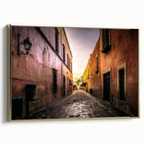 Framed canvas of Mexico City landscape in vintage poster style with black and gold tones, ideal for bedroom wall decor.