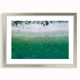 Textured abstract art print depicting a serene Quintana Roo landscape in muted blue and green tones, framed in silver.