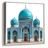 Landscape art painting of a Middle Eastern scenery on a silver-framed canvas, featuring vibrant earth tones.