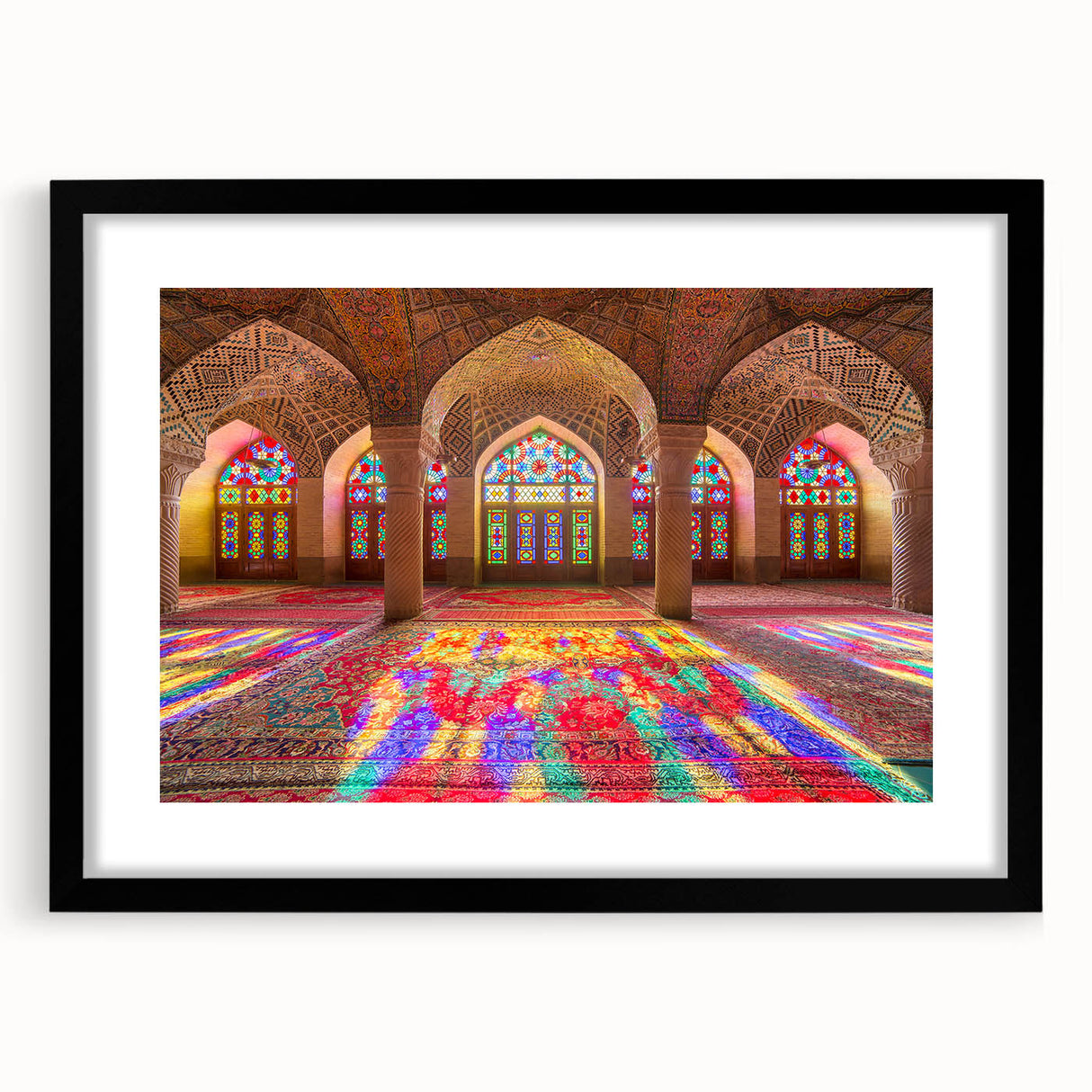 Extra large abstract art print depicting a colorful, textured scenery of Middle-East Iran, in a black frame with mat.