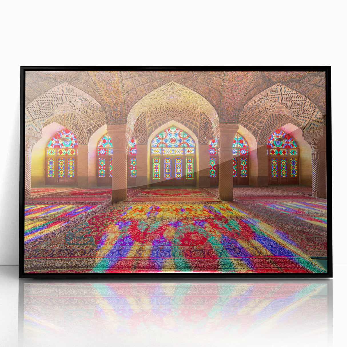 Large abstract wall art depicting a Middle-Eastern scene in muted earth tones on a framed acrylic.