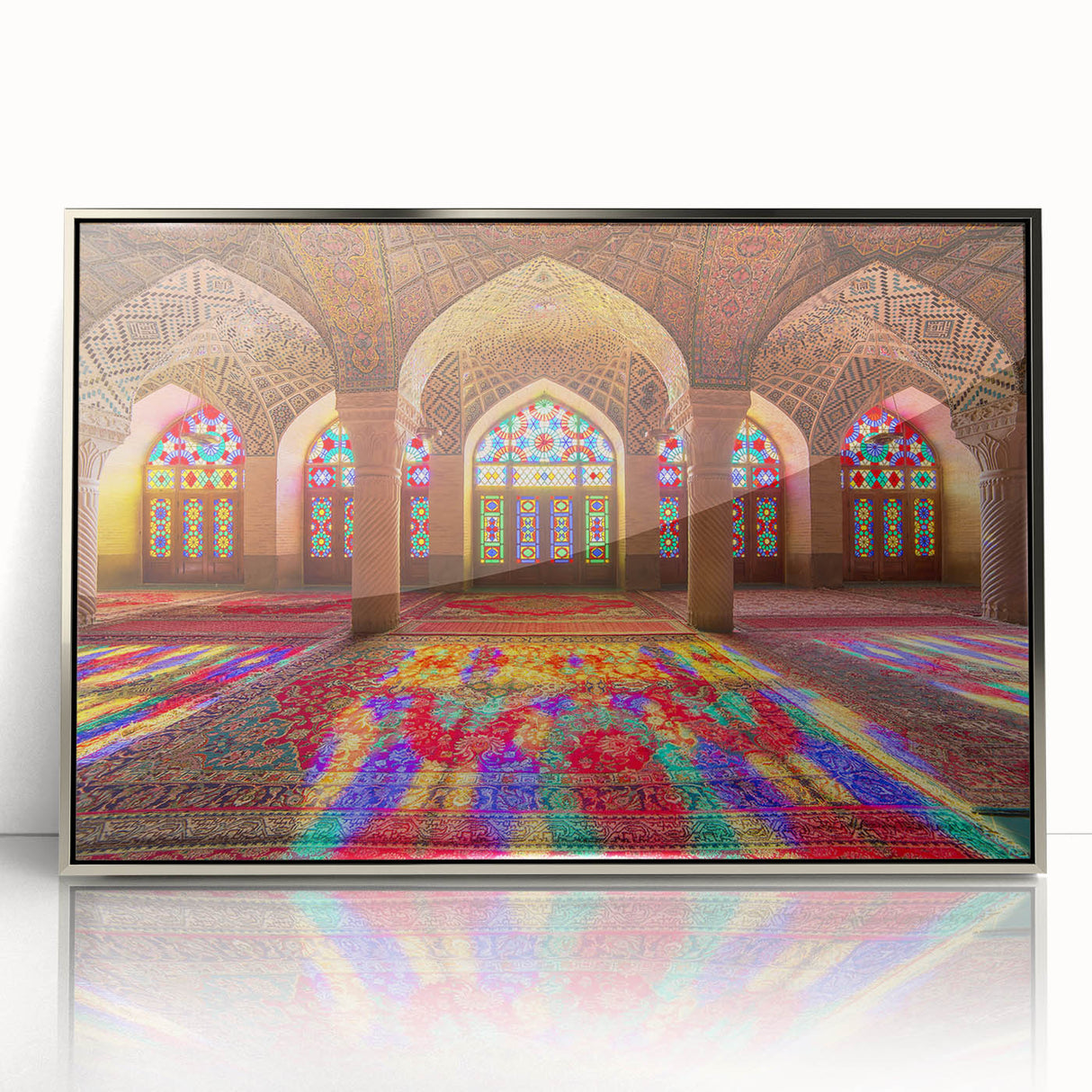 Mid-century modernist art depicting a scenic view of Iran, in muted earth tones on framed acrylic.