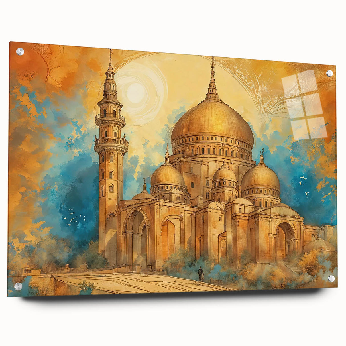 Acrylic glass print of a Middle Eastern landscape in muted earth tones, ideal for dining room decor.
