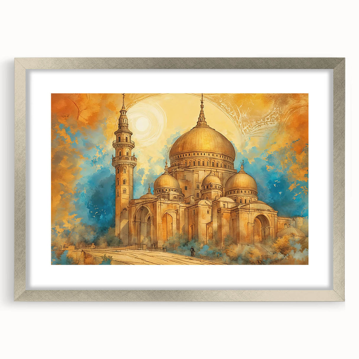 Textured abstract art print depicting a Middle Eastern scenery in muted earth tones on a framed silver mat.