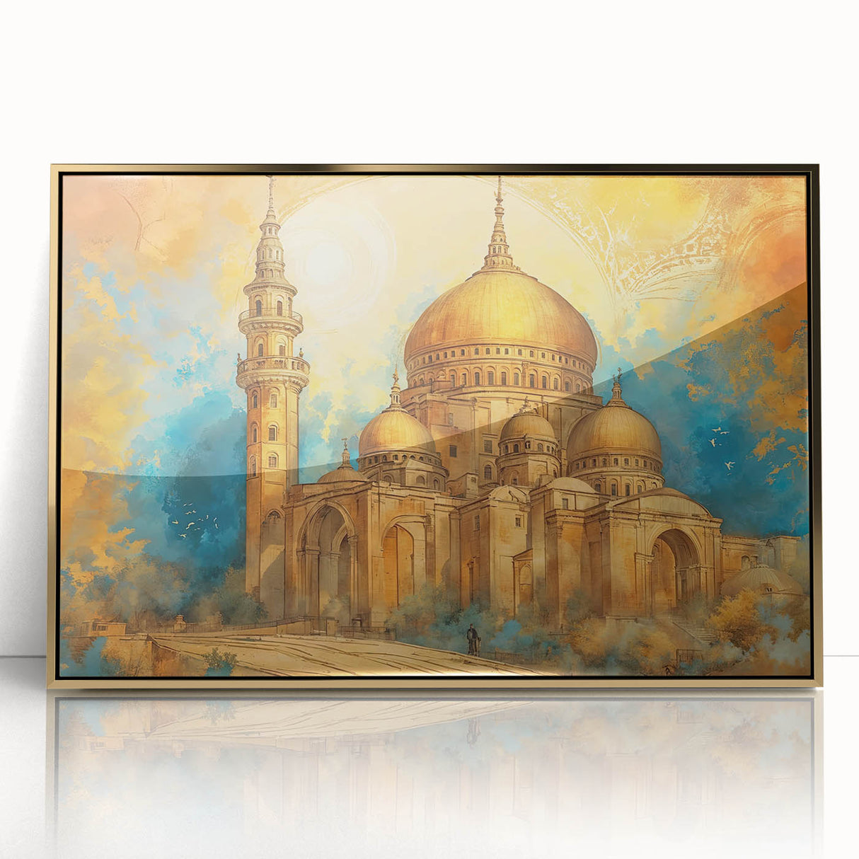 Large art print of a Middle-Eastern Iraqi landscape in muted gold tones on framed acrylic.