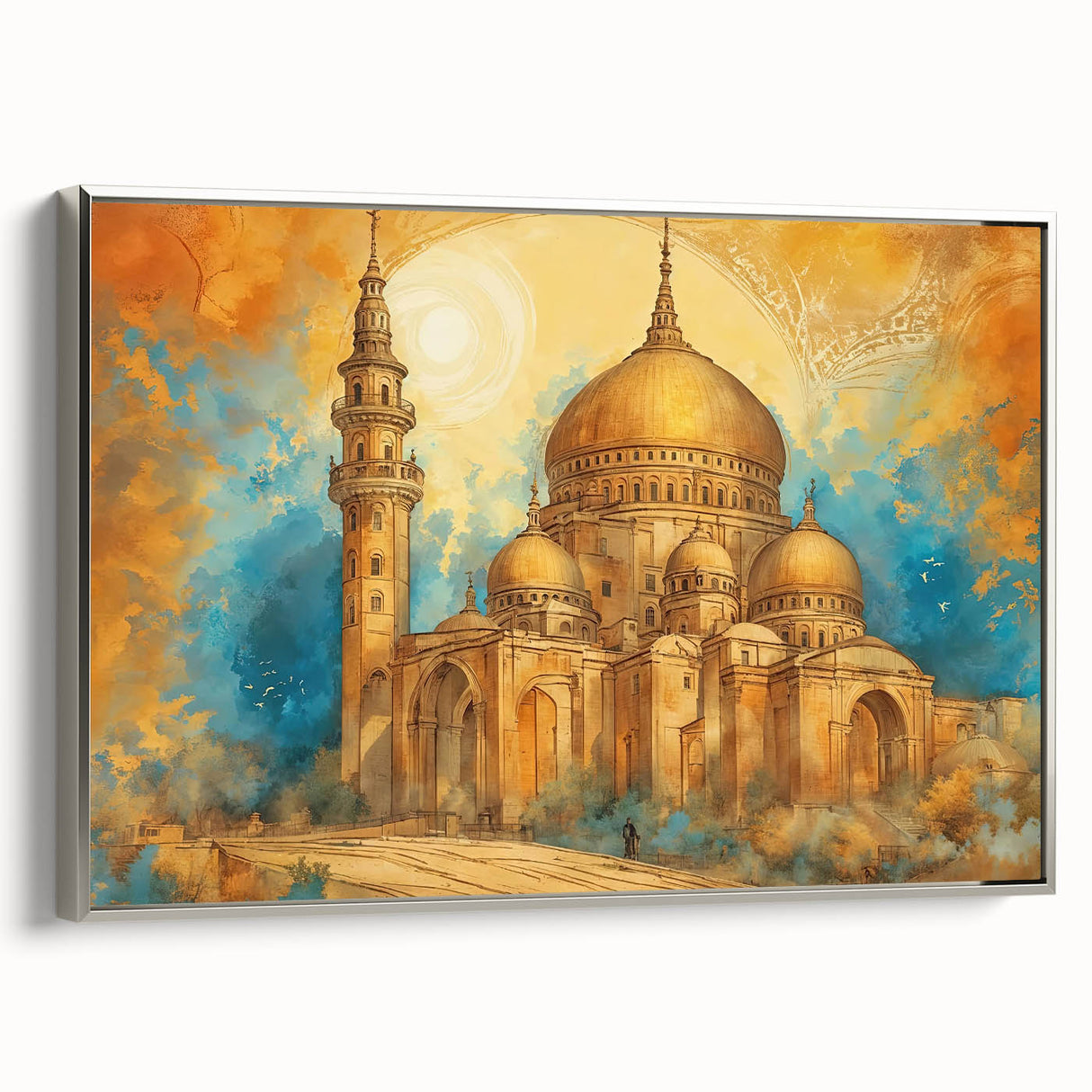 Framed canvas depicting a colorful vintage poster-style landscape of a Middle Eastern scene, ideal for living room decor.