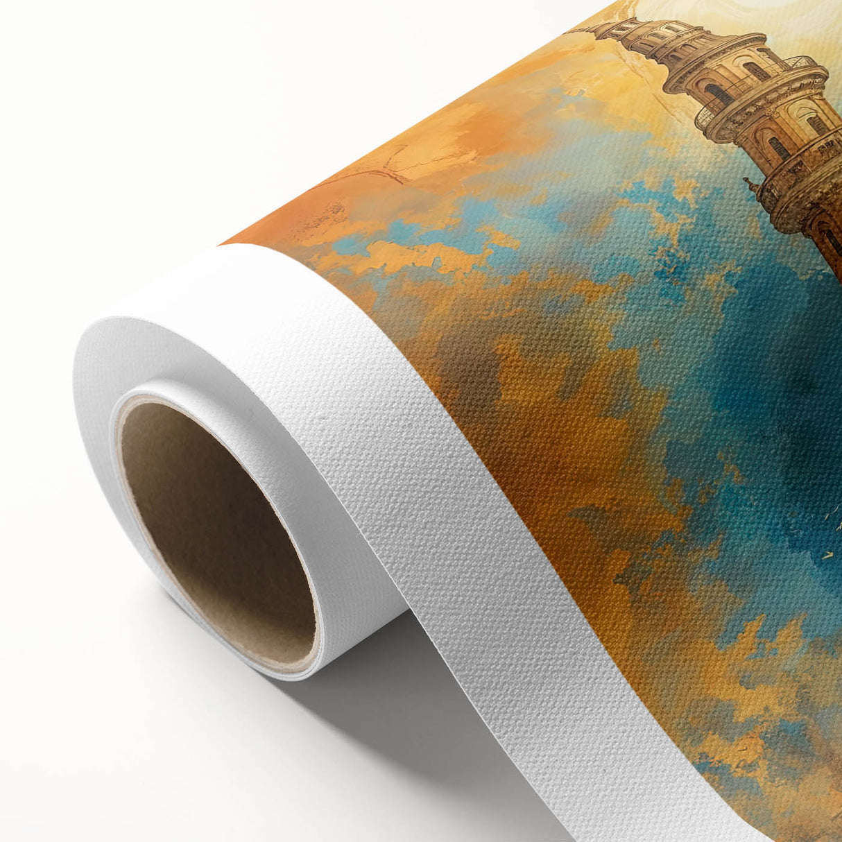 Art deco poster of a Middle Eastern landscape in pastel shades on rolled canvas, suitable for nursery wall art.