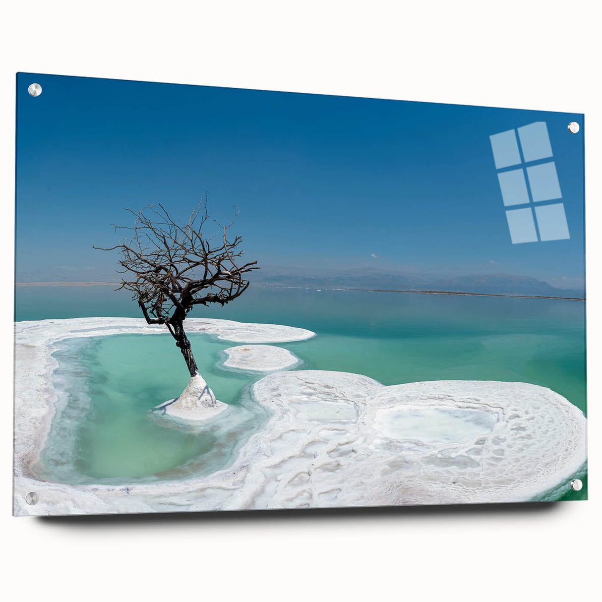 Acrylic print of the Dead Sea in Israel, featuring muted blue and beige tones, ideal for dining room decor.