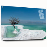 Acrylic print of the Dead Sea in Israel, featuring muted blue and beige tones, ideal for dining room decor.