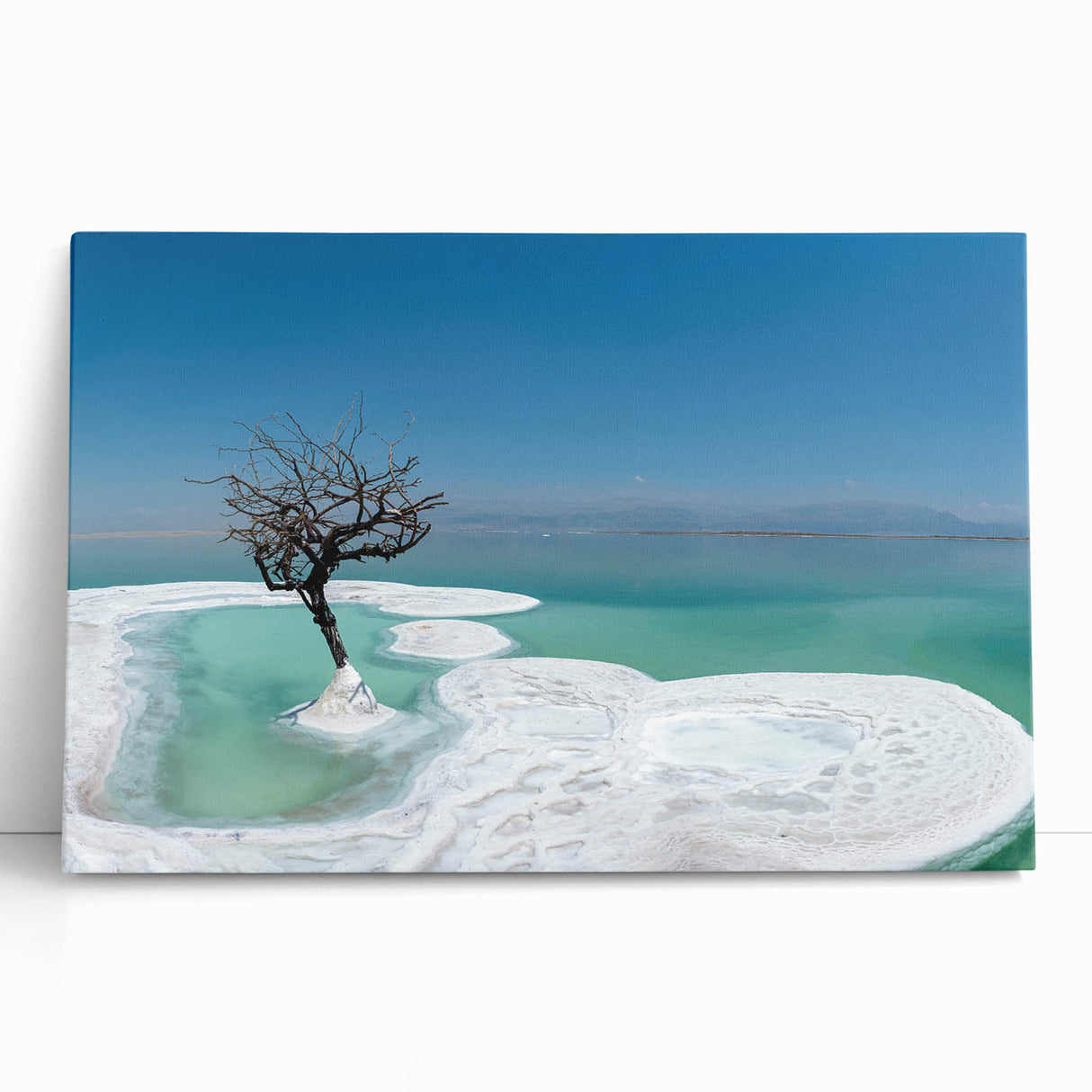 Black and white stretched canvas featuring the Dead Sea landscape, ideal for kitchen wall art or bedroom ambiance.