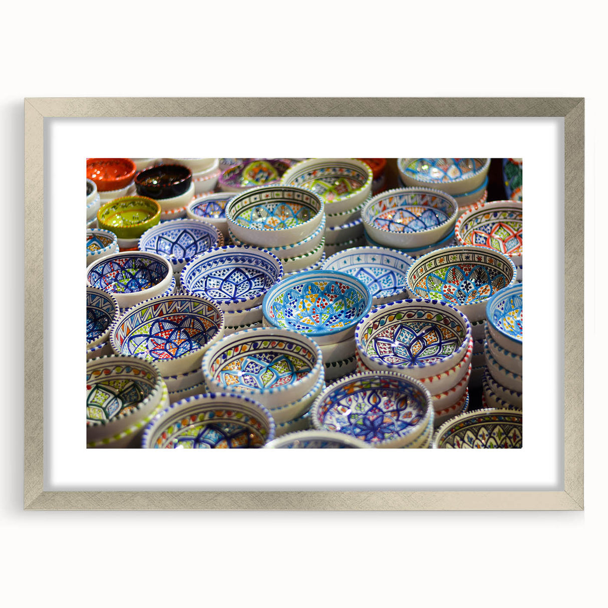 Textured abstract art print featuring a muted palette of Jerusalem scenery, framed in silver, ideal for bedroom art.