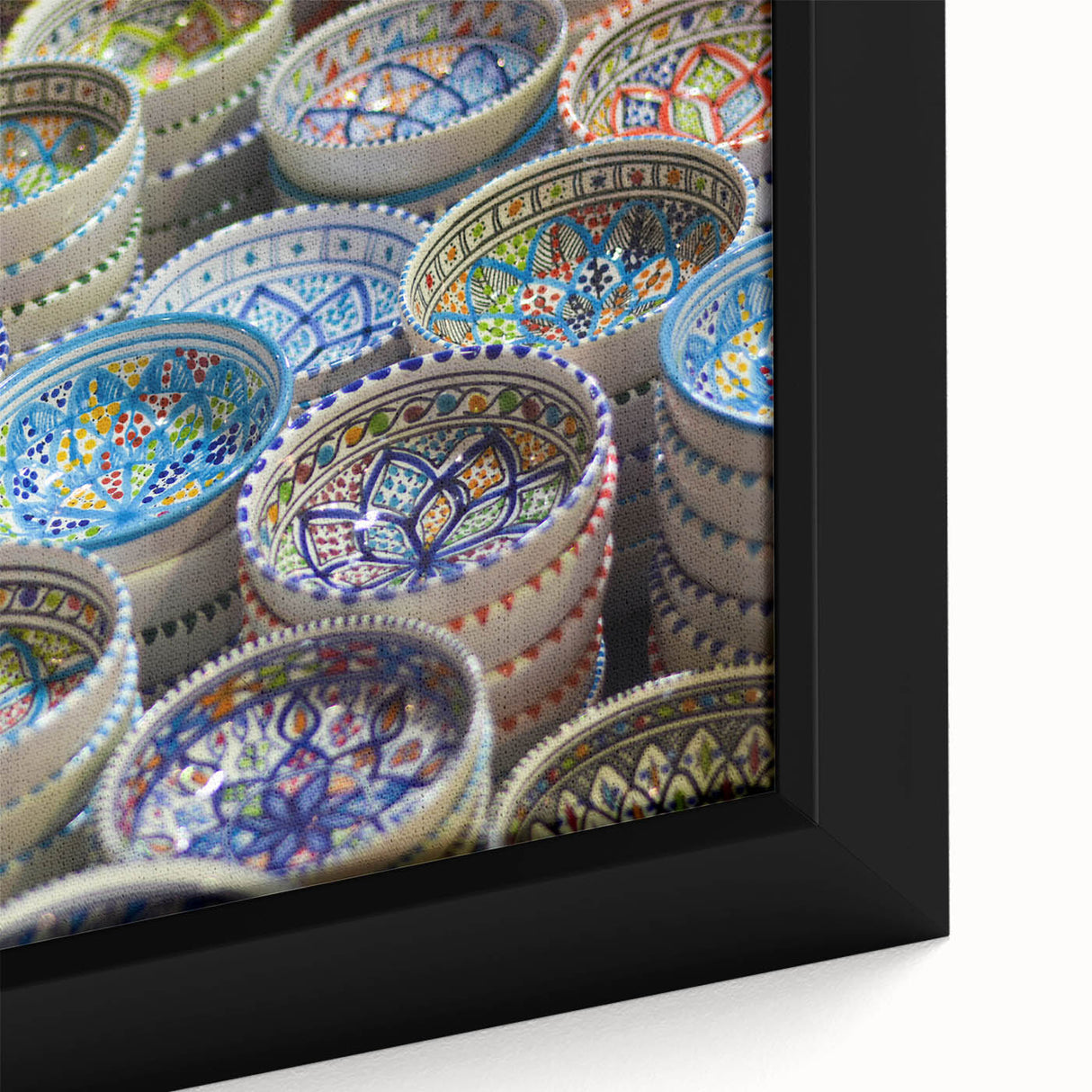 Extra large framed canvas of Jerusalem scenery in black with colorful, textured art details, suitable for living room decor.