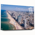 Large abstract depiction of Tel Aviv skyline in muted earth tones on acrylic glass.