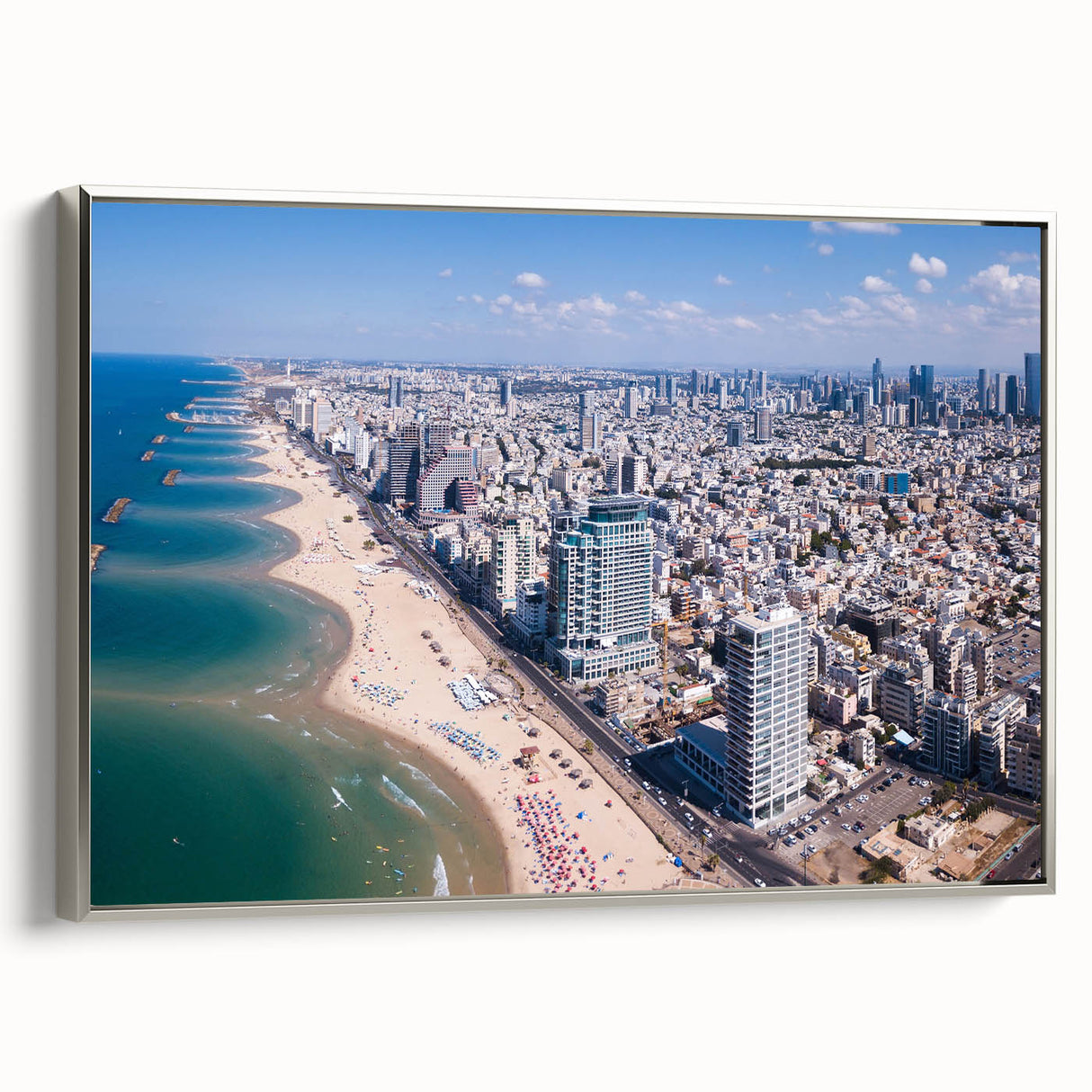 Framed canvas depicting a vintage-style landscape of Tel Aviv with colorful and black elements, ideal for living room decor.
