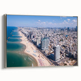 Framed canvas depicting a vintage-style landscape of Tel Aviv with colorful and black elements, ideal for living room decor.