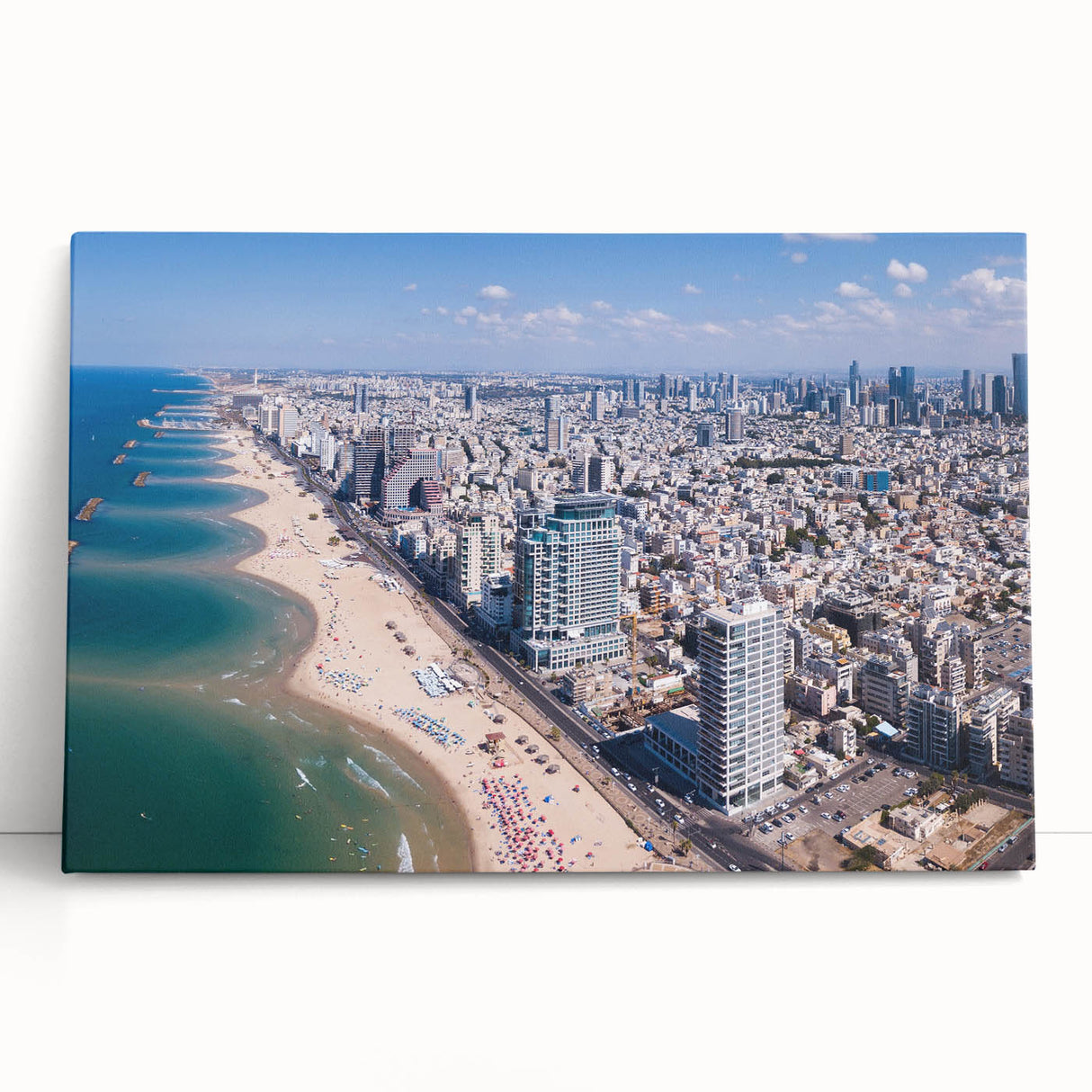 Black and white stretched canvas of Tel Aviv skyline, ideal for kitchen wall art or bedroom ambiance.