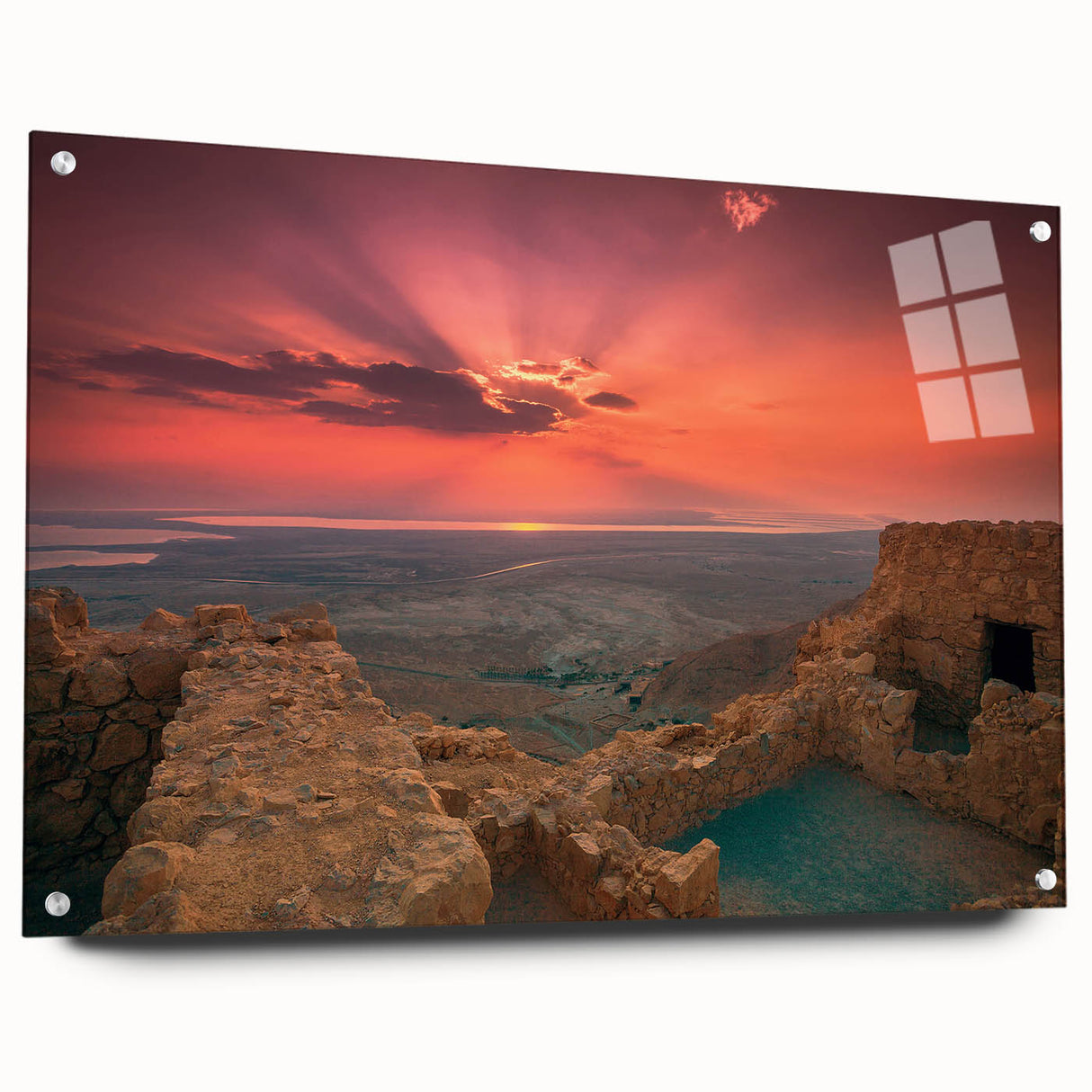 Acrylic glass print of a Middle-Eastern cityscape in muted earth tones, suitable for bedroom or dining room decor.