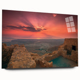 Large abstract wall art depicting a Middle Eastern scenery in muted earth tones on acrylic glass.