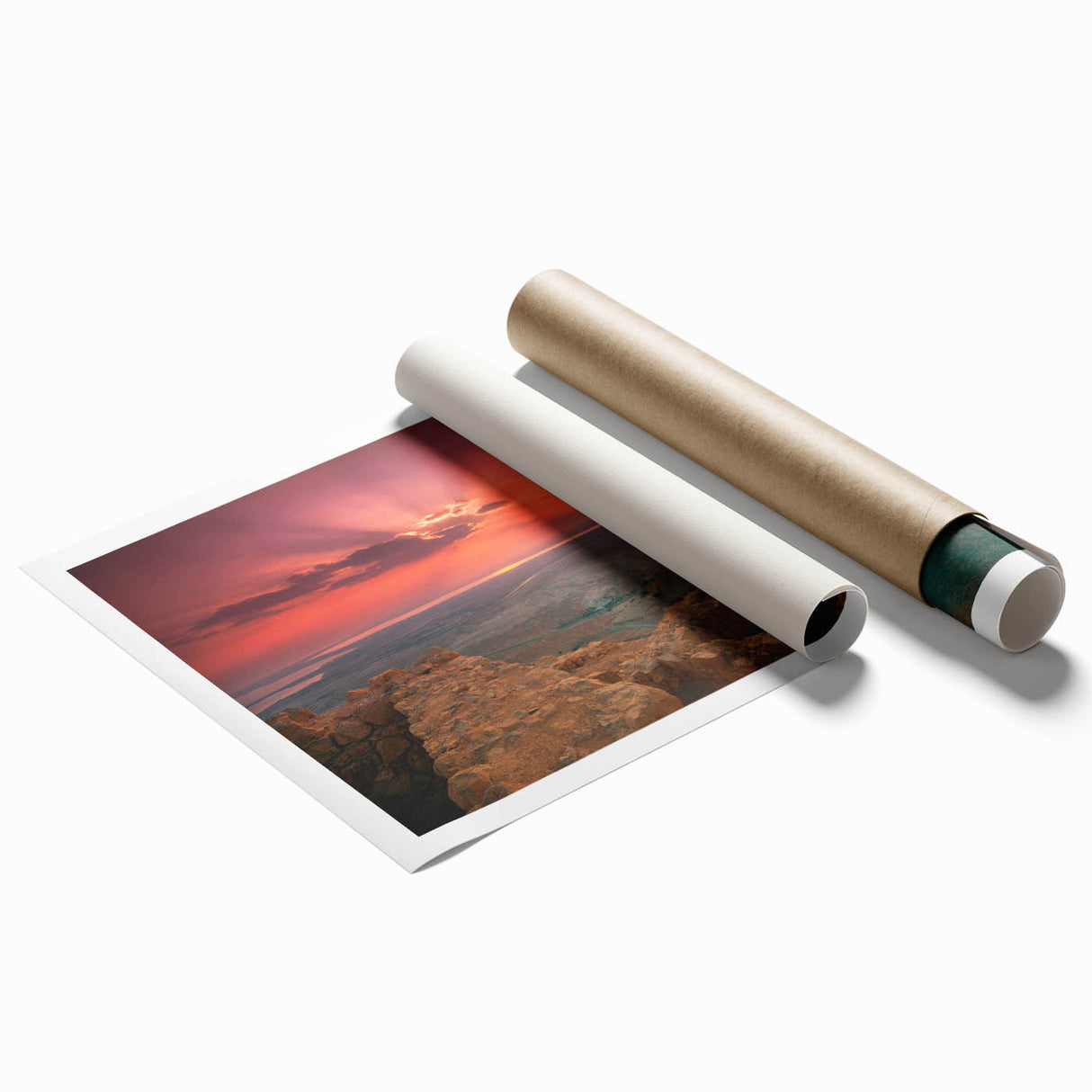 Extra large rolled print depicting a serene Middle Eastern landscape with floral elements, in soft earth tones.