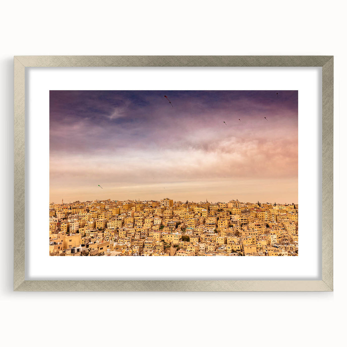 Textured abstract art print of a Middle Eastern Jordanian landscape in muted earth tones, framed in silver.