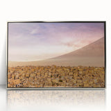 Mid-century modernist art depicting a Jordanian landscape in muted earth tones on a framed acrylic print.