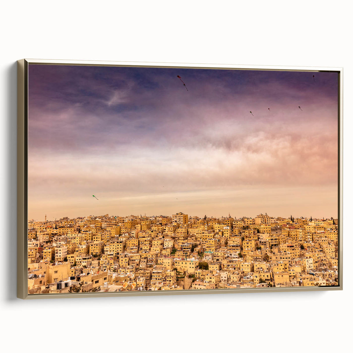 Framed canvas depicting a vintage-style landscape of Middle Eastern scenery, with muted gold and black tones.