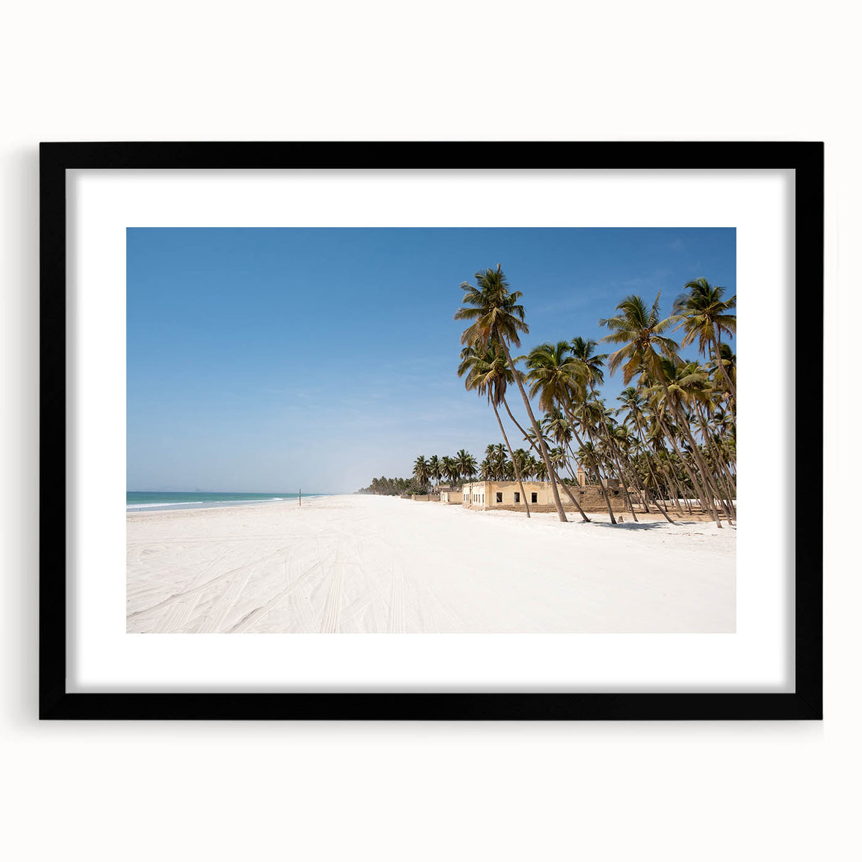 Extra large, colorful abstract art print of Middle Eastern scenery in a black frame, ideal for living room decor.