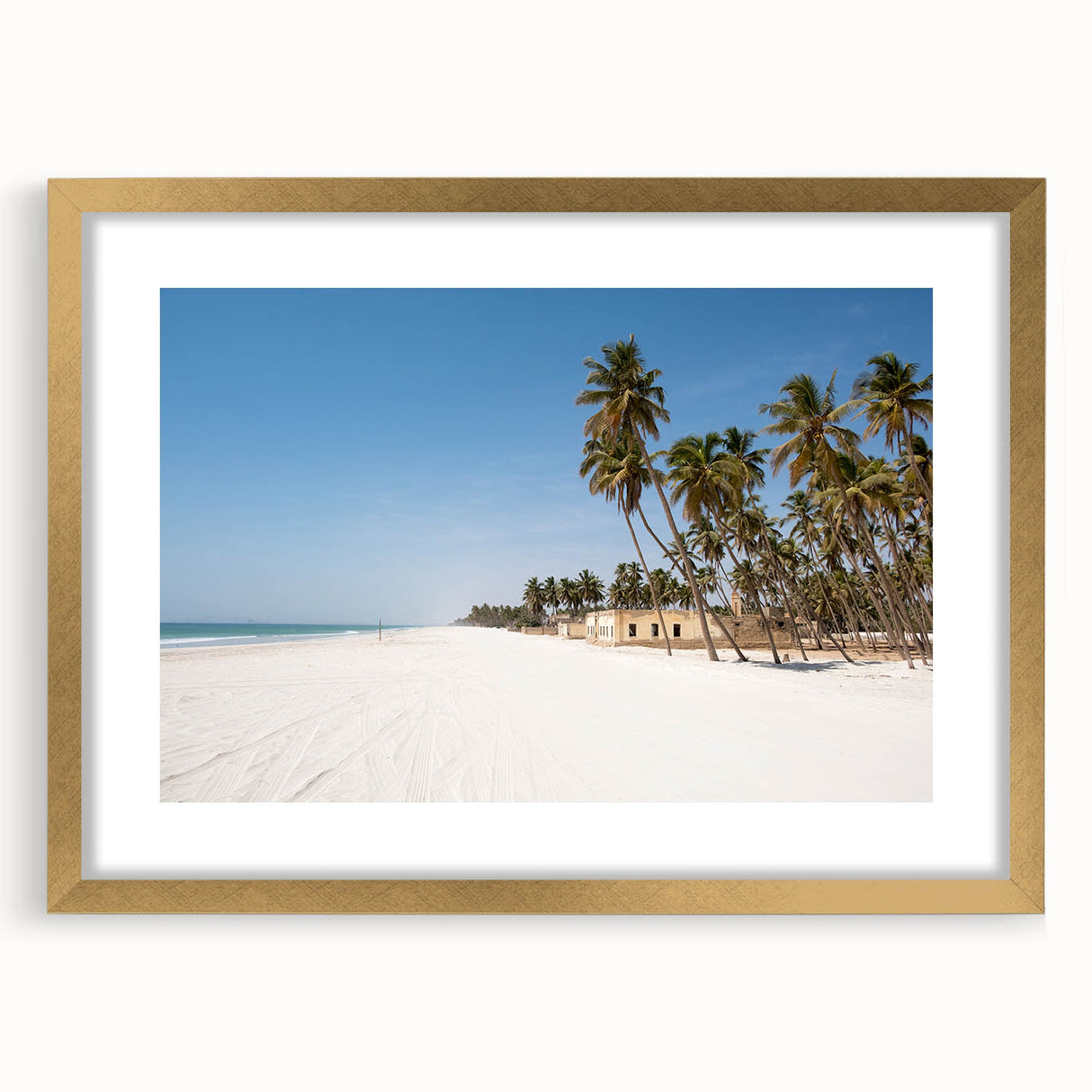 Extra large abstract art print of a Middle Eastern scenery in muted earth tones, framed in gold, ideal for living room decor.