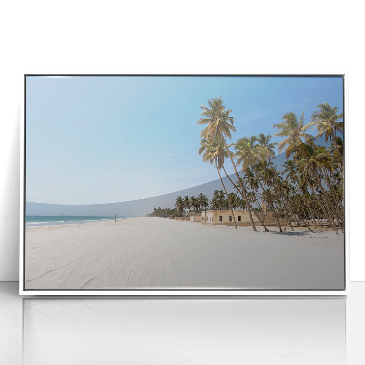 Acrylic print of an Omani landscape in muted earth tones, framed in white, suitable for modern art wall decor.