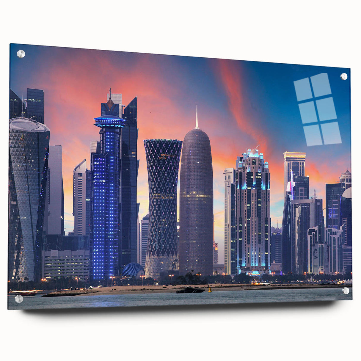 Large abstract wall art depicting a Middle Eastern Qatar scenery in muted earth tones, acrylic glass format.