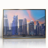 Mid-century modernist acrylic print of a Qatar scenery in gold tones, ideal for modern art wall decor.