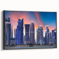 Framed canvas of a black and white vintage poster featuring the Qatar landscape, ideal for bedroom wall decor.