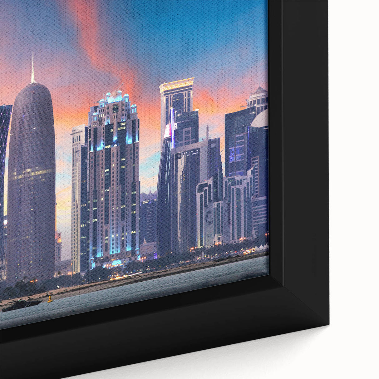 Extra large framed canvas featuring a textured, colorful depiction of a Middle Eastern cityscape.