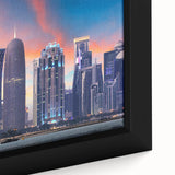 Extra large framed canvas featuring a textured, colorful depiction of a Middle Eastern cityscape.