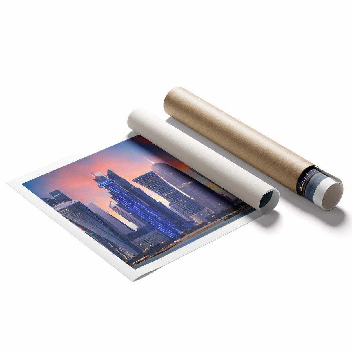 Extra large rolled print of a Middle Eastern Qatar scenery with floral elements in muted tones.