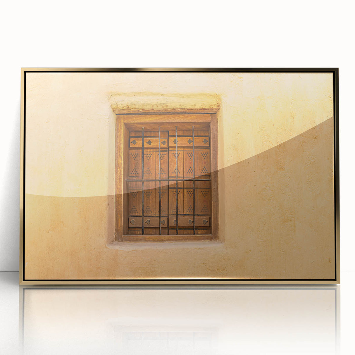 Mid-century modernist style large art print of a Saudi Arabian scenery in gold tones on framed acrylic.
