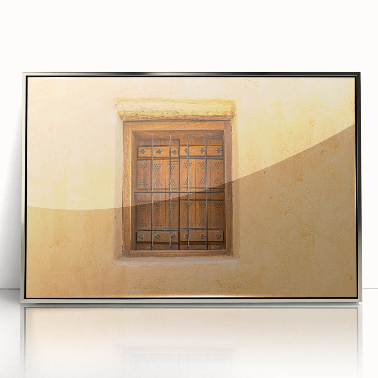 Mid-century modernist art depicting a Saudi Arabian scenery in silver acrylic, framed, suitable for nursery wall decor.