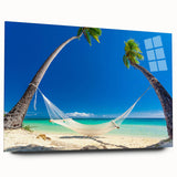 Large abstract wall art depicting serene Oceania Fiji scenery in blue and green tones on acrylic glass.