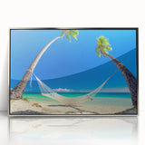 Mid-century modernist art depicting a serene Oceania Fiji scenery in muted blue and green tones on a silver-framed acrylic…