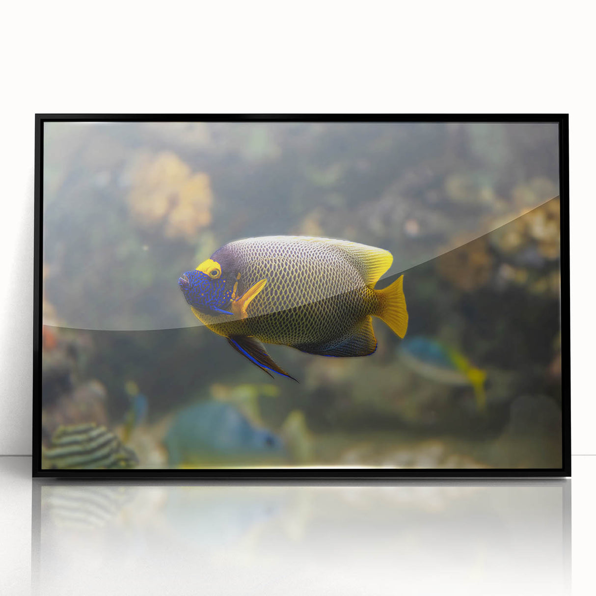 Large abstract wall art featuring swirling blue and white patterns, framed in black acrylic.