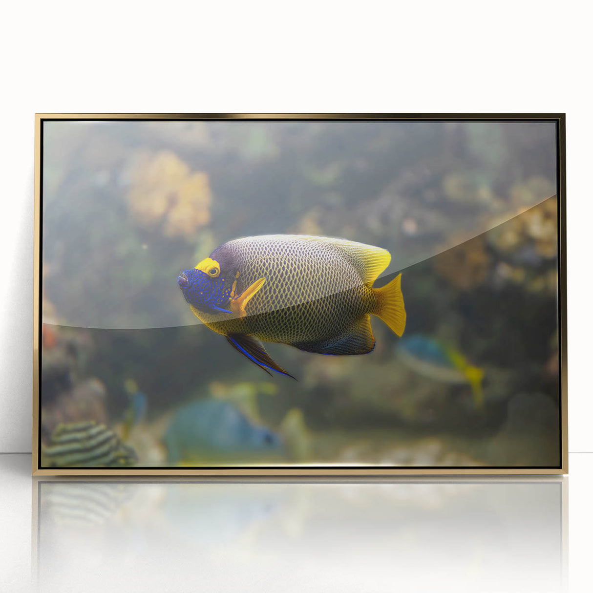 Mid-century modernist acrylic print of a Micronesian oceanic scenery in gold frame, ideal for modern art wall décor.