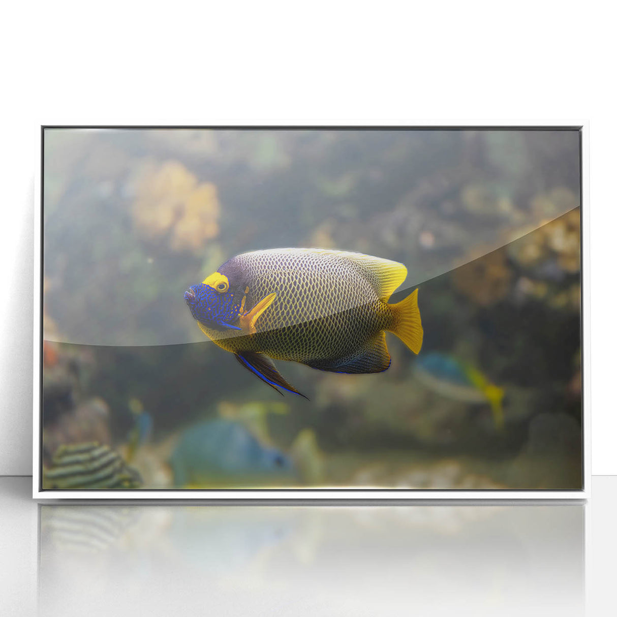 Art deco poster of Micronesian scenery on framed acrylic, with white borders, ideal for modern nursery wall decor.
