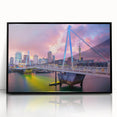 Large abstract wall art depicting Auckland's oceanic scenery in muted blues and greens, framed in black acrylic.