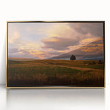 Large art print of Otago, New Zealand landscape in mid-century modernist style, framed in acrylic with gold tones.