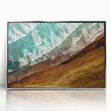 Mid-century modernist art of New Zealand's West Coast in silver-framed acrylic, featuring muted earth tones.