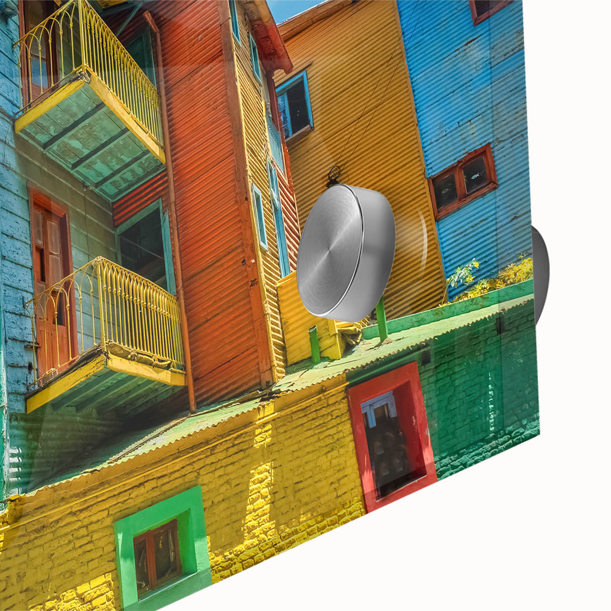 Large abstract wall art depicting a Buenos Aires cityscape in muted blue and grey tones on acrylic glass.