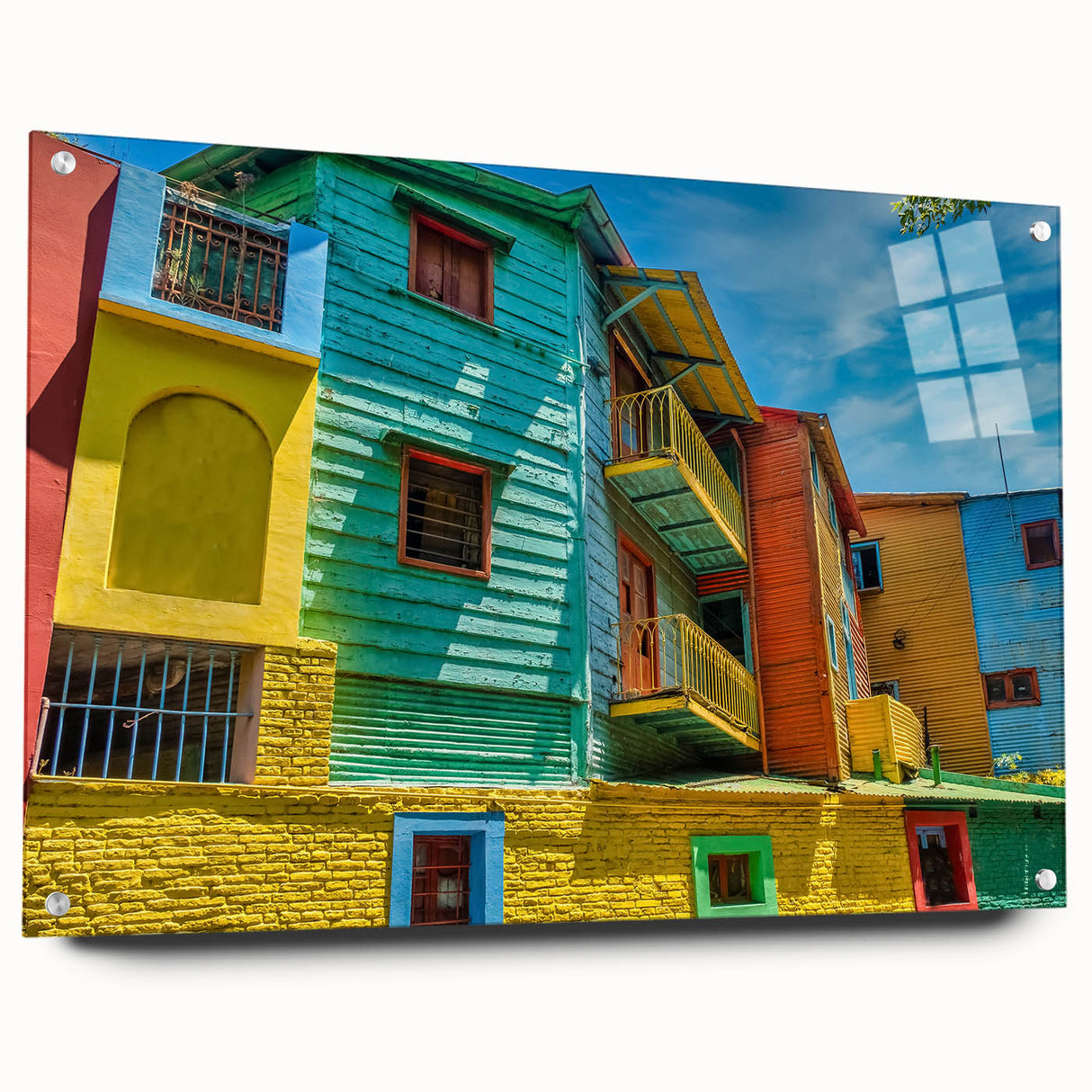 Acrylic print of a large abstract depiction of Buenos Aires in muted blue and pink tones.