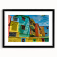 Extra large abstract art print featuring a colorful, textured depiction of a South American scenery, framed in black.
